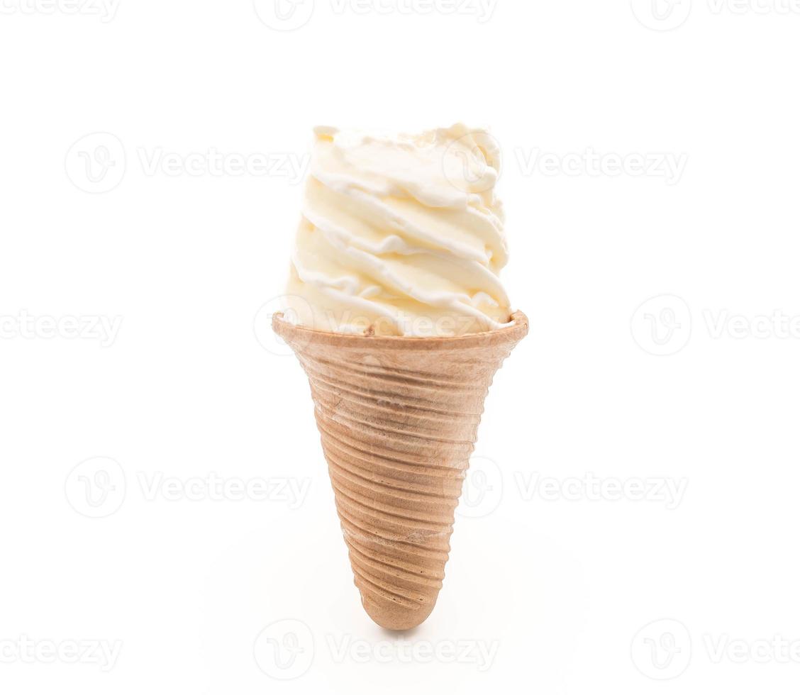 Vanilla ice cream cone on white background photo