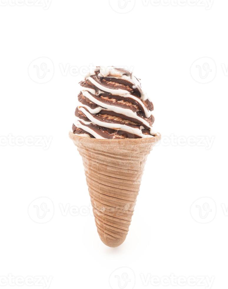 Chocolate ice cream cone on white background photo