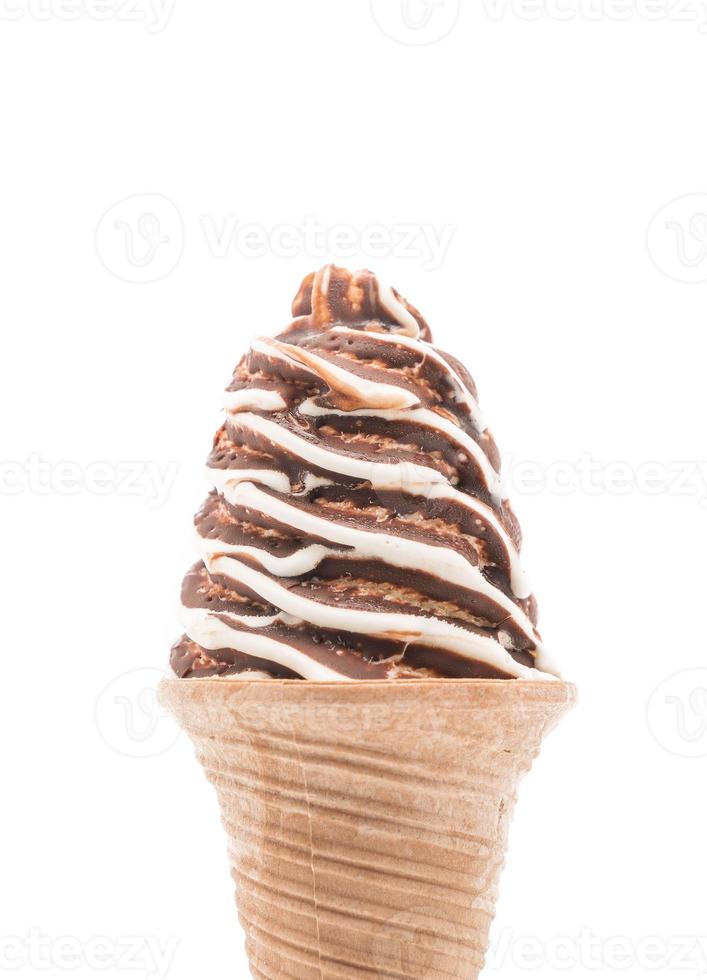 Chocolate ice cream cone on white background photo