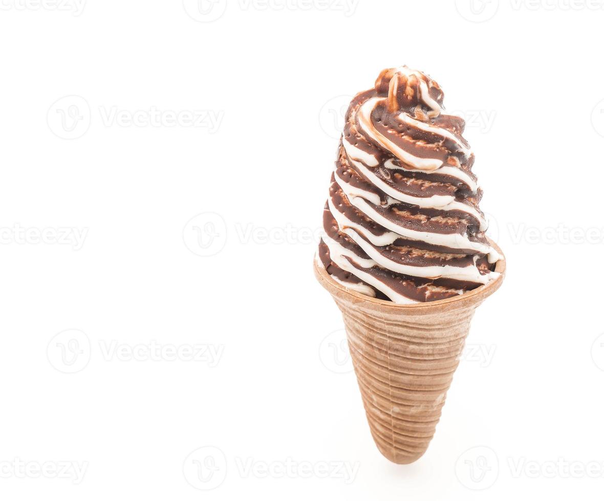 Chocolate ice cream cone on white background photo