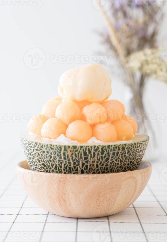 Ice melon Bingsu, famous Korean ice cream on table photo