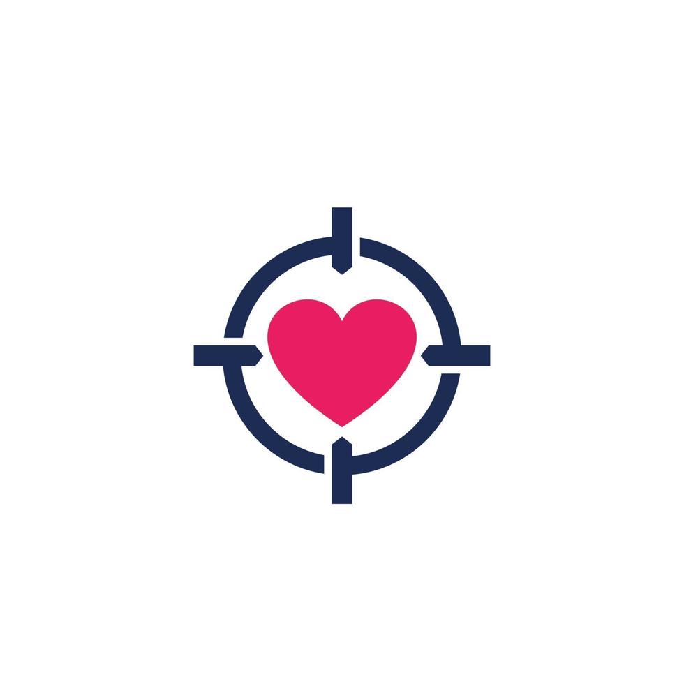 logotipo de vector de aplicación de citas, búsqueda de amor, corazón y punto de mira