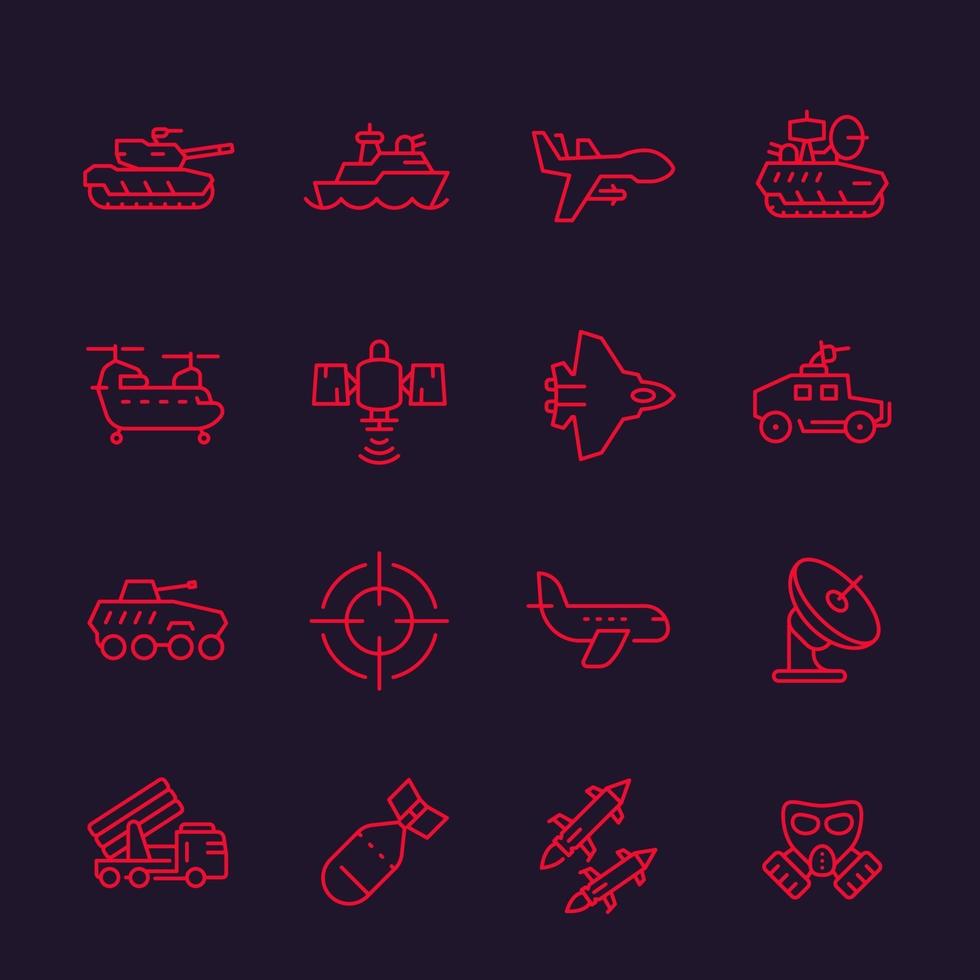 army, military line icons set, combat drone, tank, ballistic missile vector