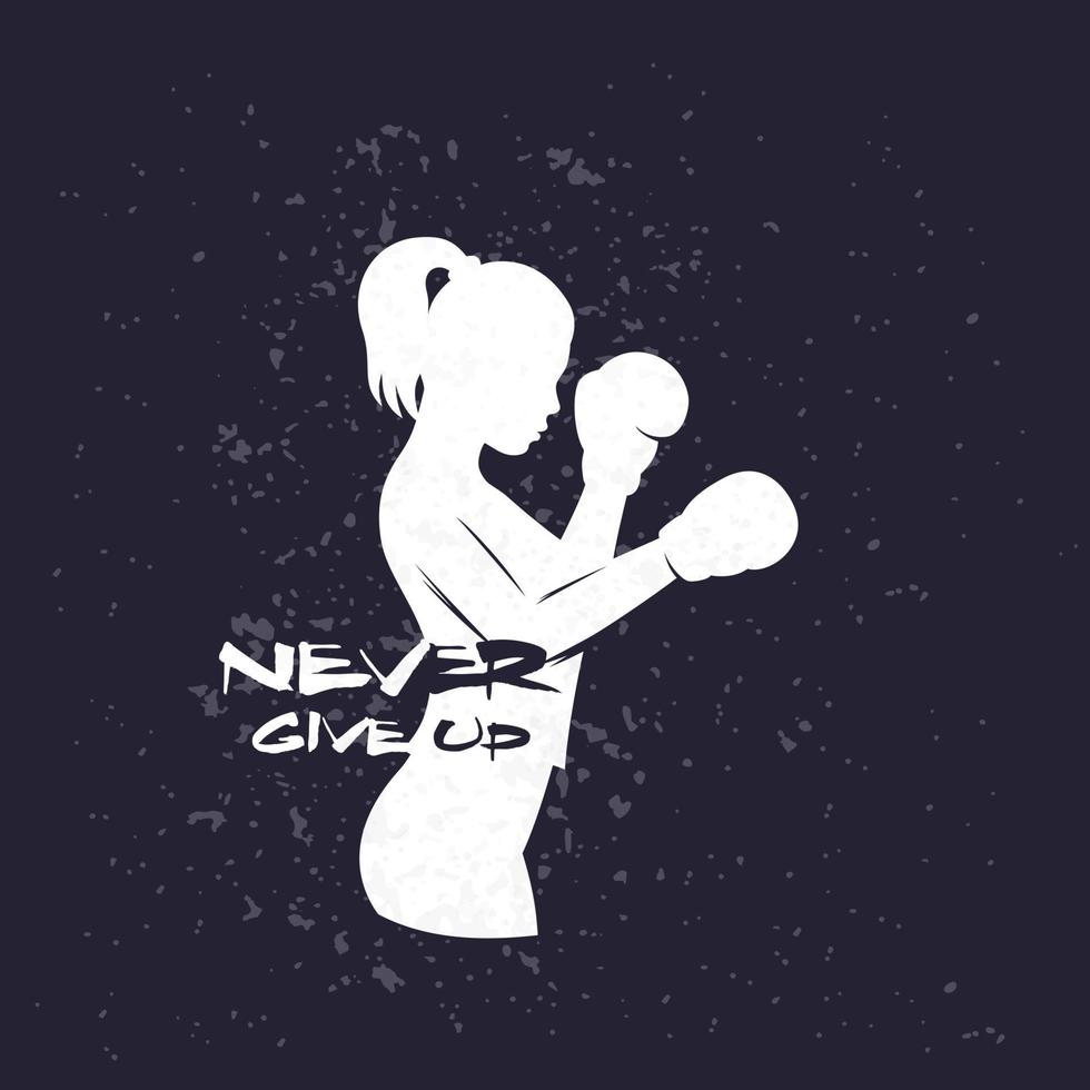 Boxing girl with motivational quote, never give up, t-shirt print vector