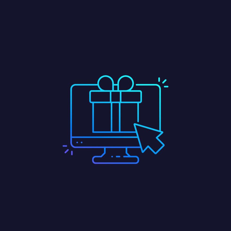 gift box on screen, e-commerce line vector icon
