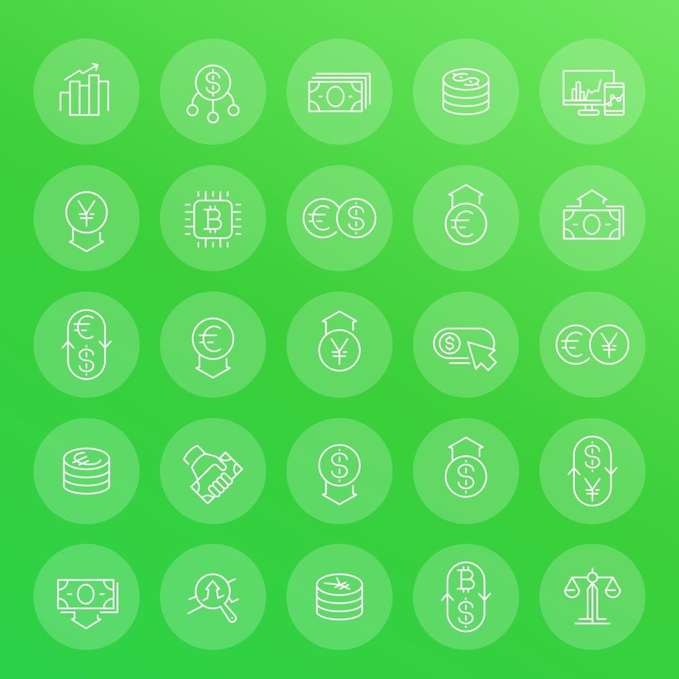 Currency, forex trading, financial operations line icons set vector