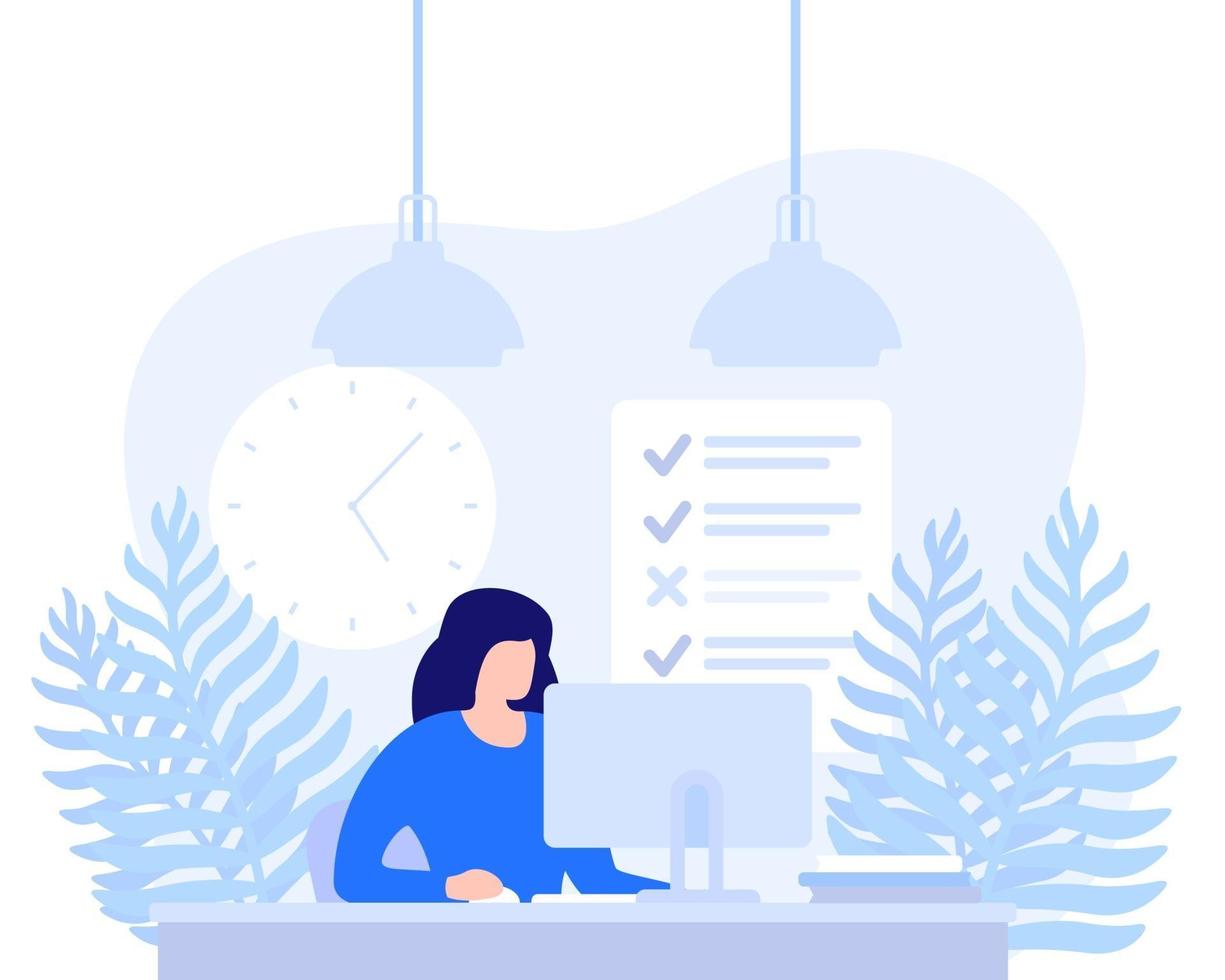 woman working at computer, deadline, task completion vector