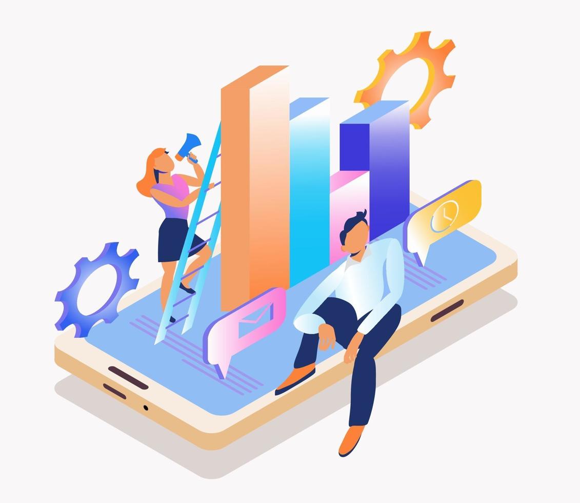 Conceptual web seo illustration. Work in a young team. Flat isometric vector