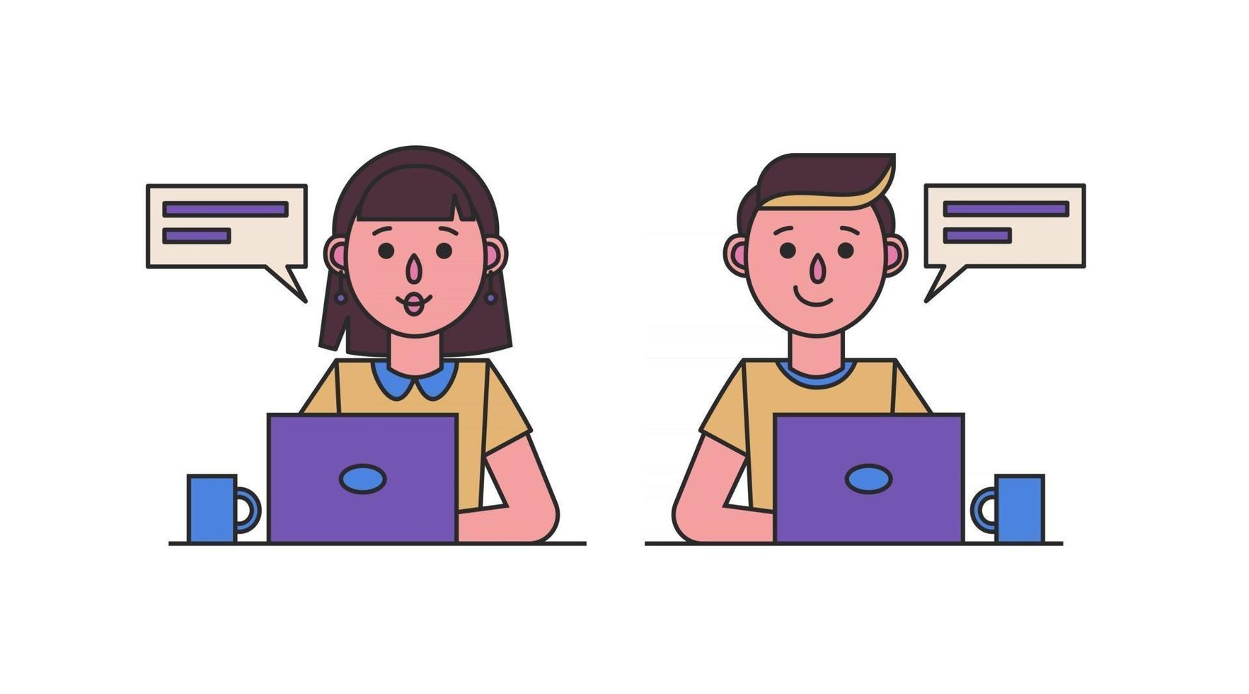 Girl and boy working with a laptop computer. Set of icons vector