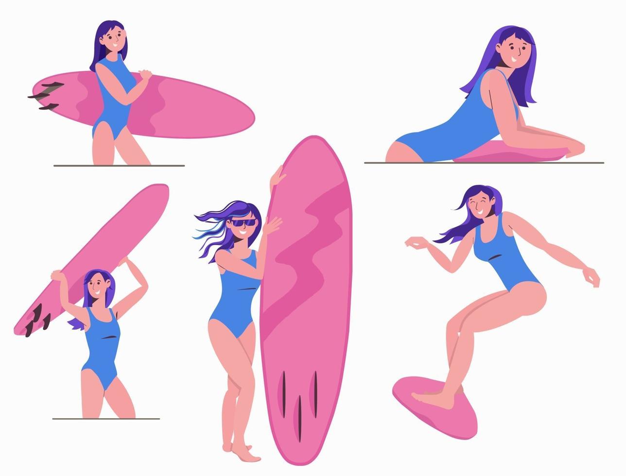 Set of illustrations about surfing. Girl surfer rides on a board. vector