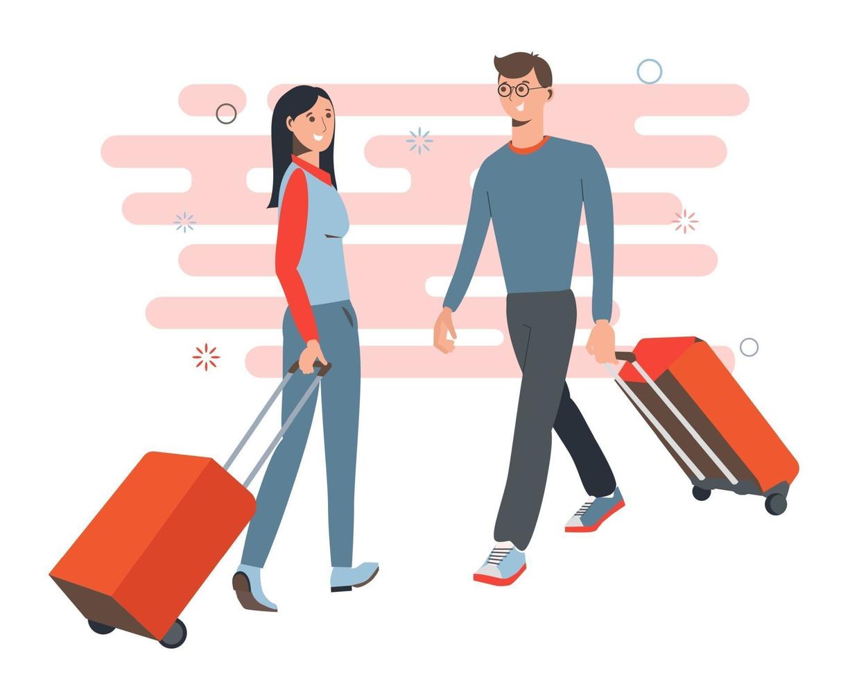 Girl with a guy with valises at the airport. Travelers vector