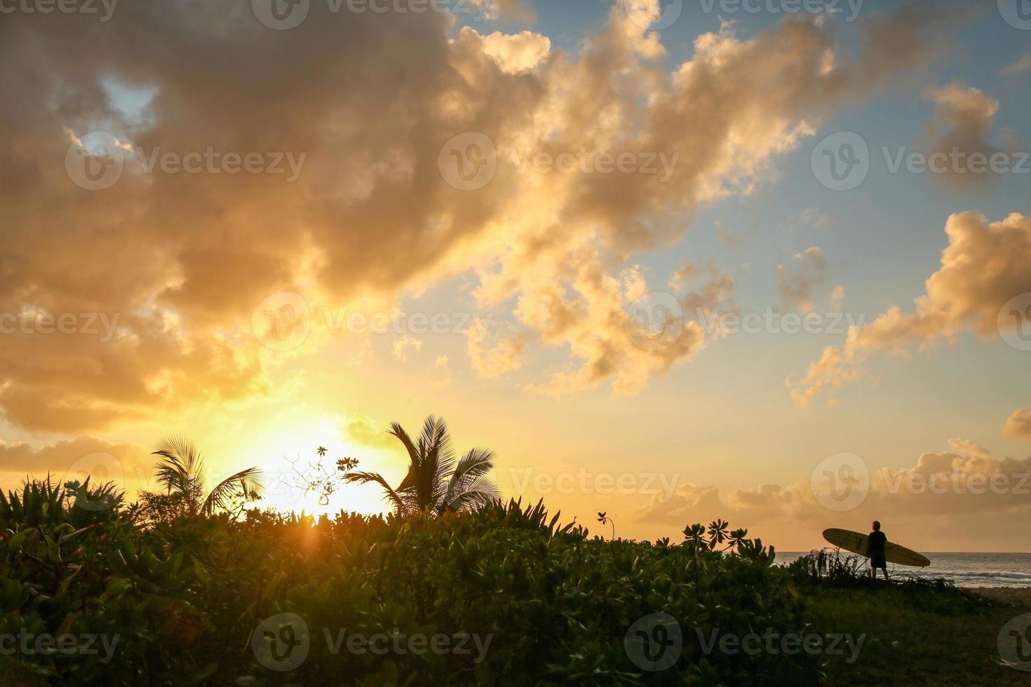 Surfer walking at sunset on Hawaii photo