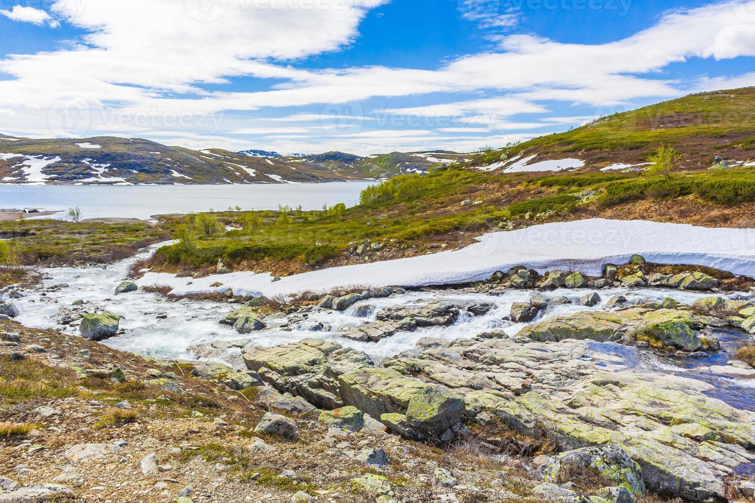 Vavatn lake panorama landscape snow mountains Hemsedal Norway. photo