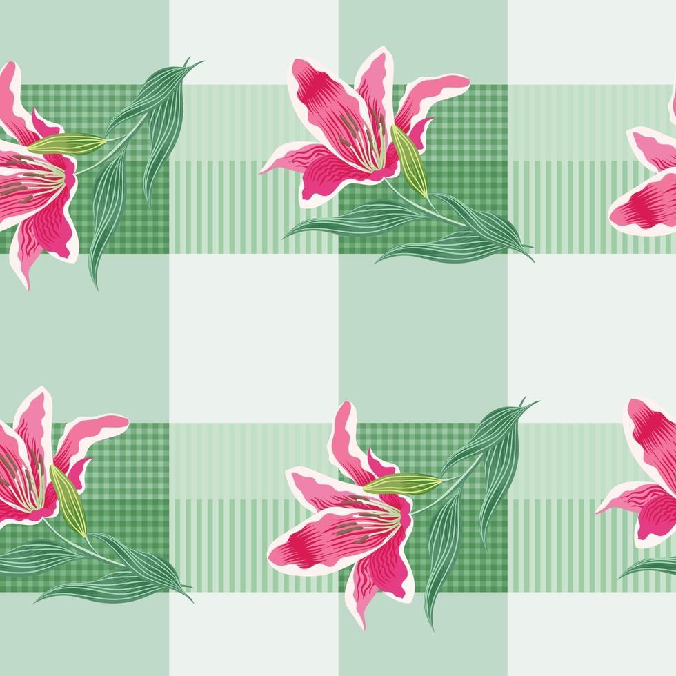 flores de lirio de patrones sin fisuras sobre fondo verde pastel. vector