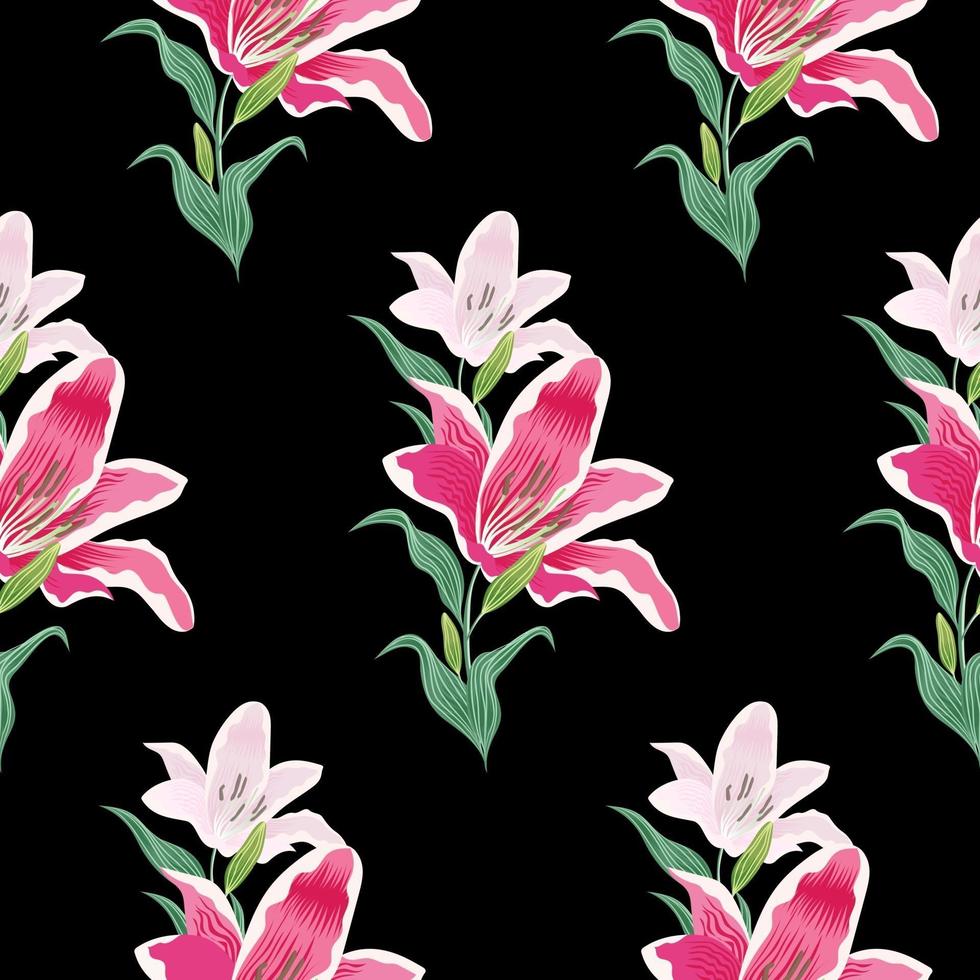 Seamless pattern lily flowers on black background. vector