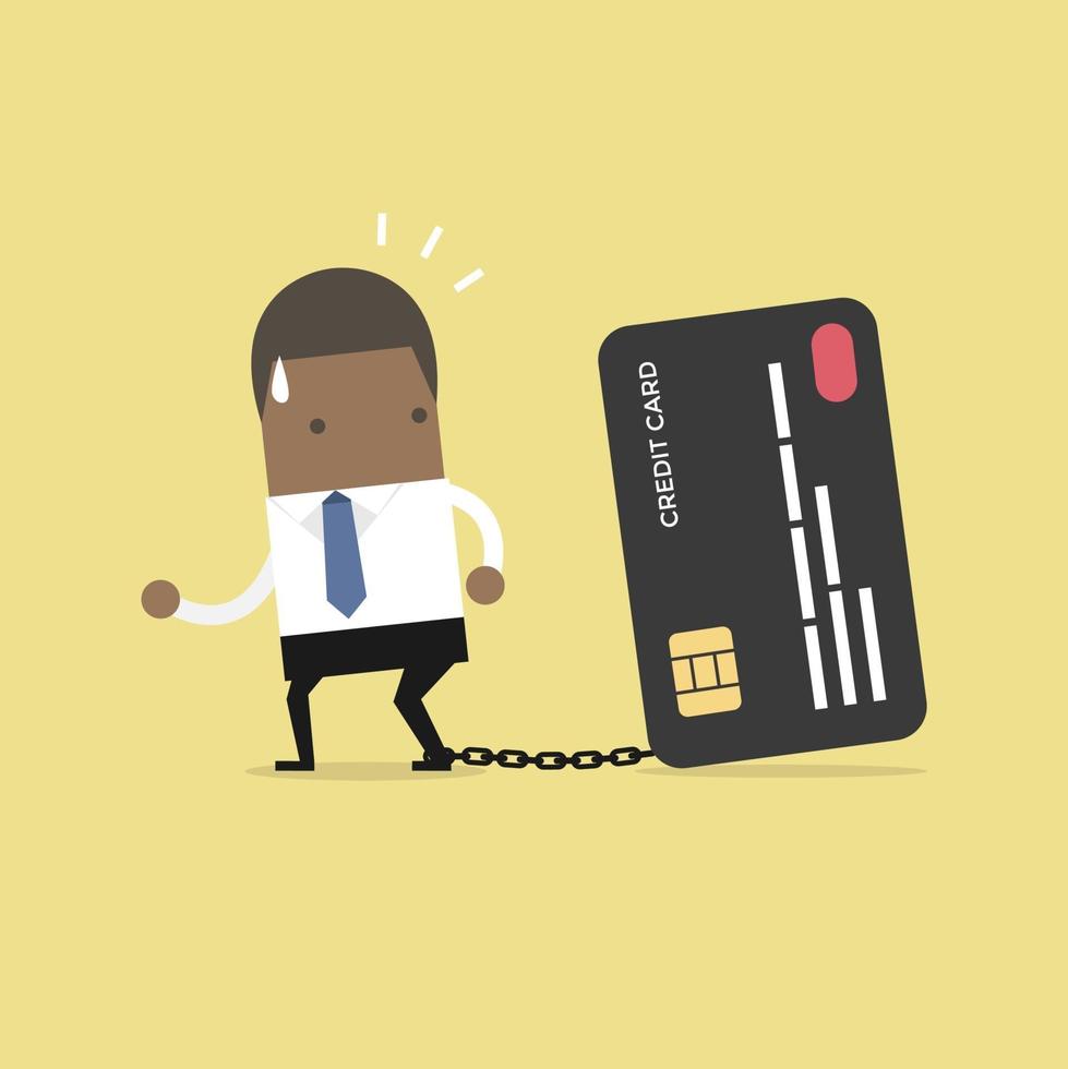 Businessman with foot chained to bank credit card trying to escape. vector