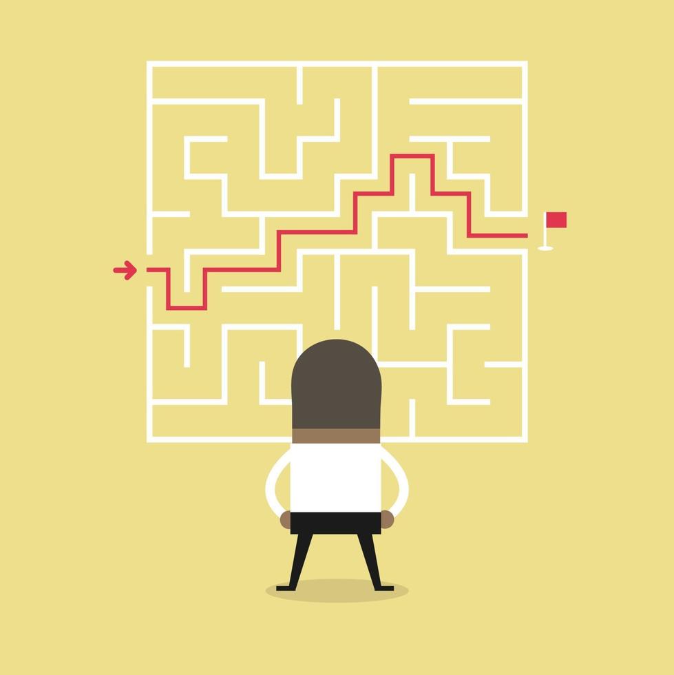 Businessman standing in front of a maze with a solution to success. vector