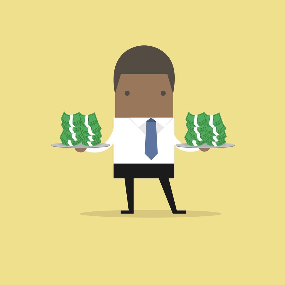 African businessman serve money on the plate. vector