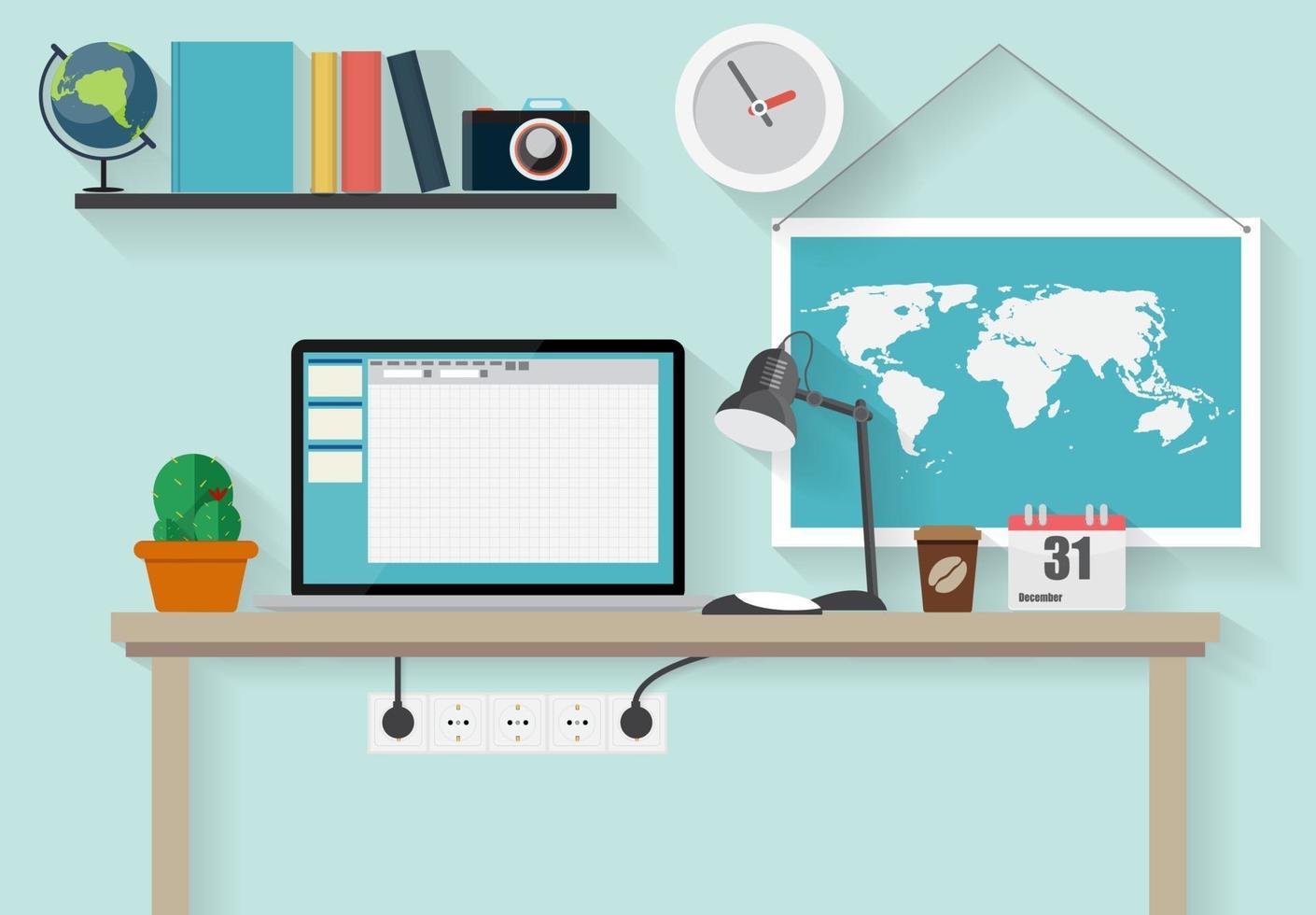 Working Place Modern Office Interior Flat Design Vector Illustration