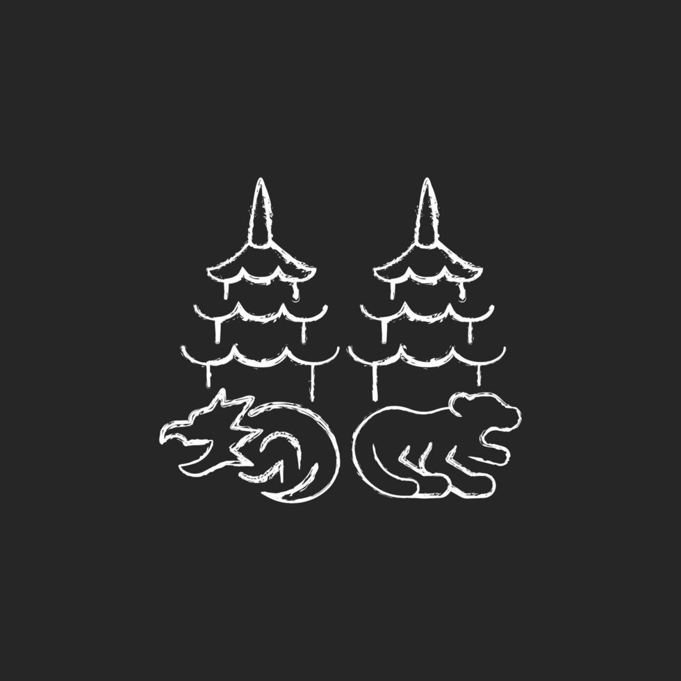 Dragon and tiger pagodas chalk white icon on dark background. vector