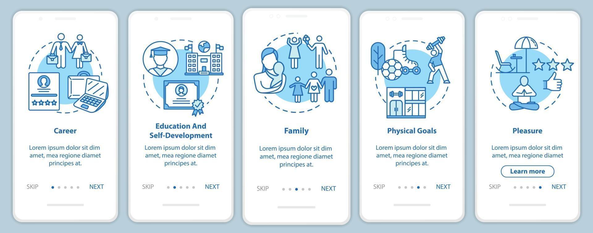 Self-development onboarding mobile app page screen with concepts vector