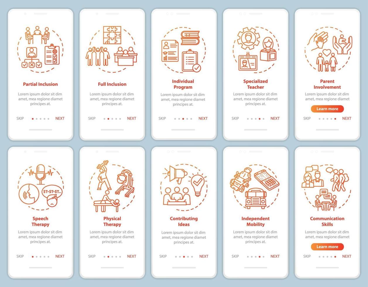 Inclusive program onboarding mobile app page screen with concepts vector