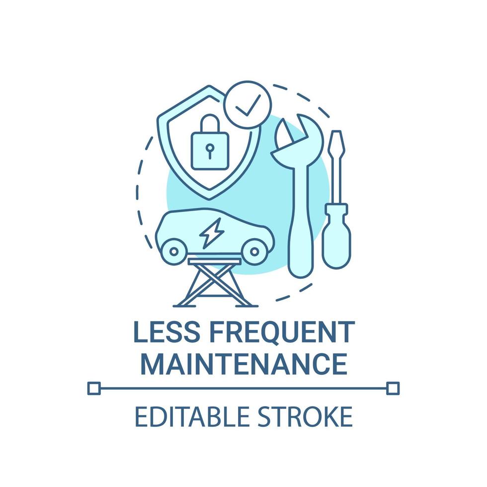 Icono del concepto de mantenimiento menos frecuente del vehículo eléctrico. vector