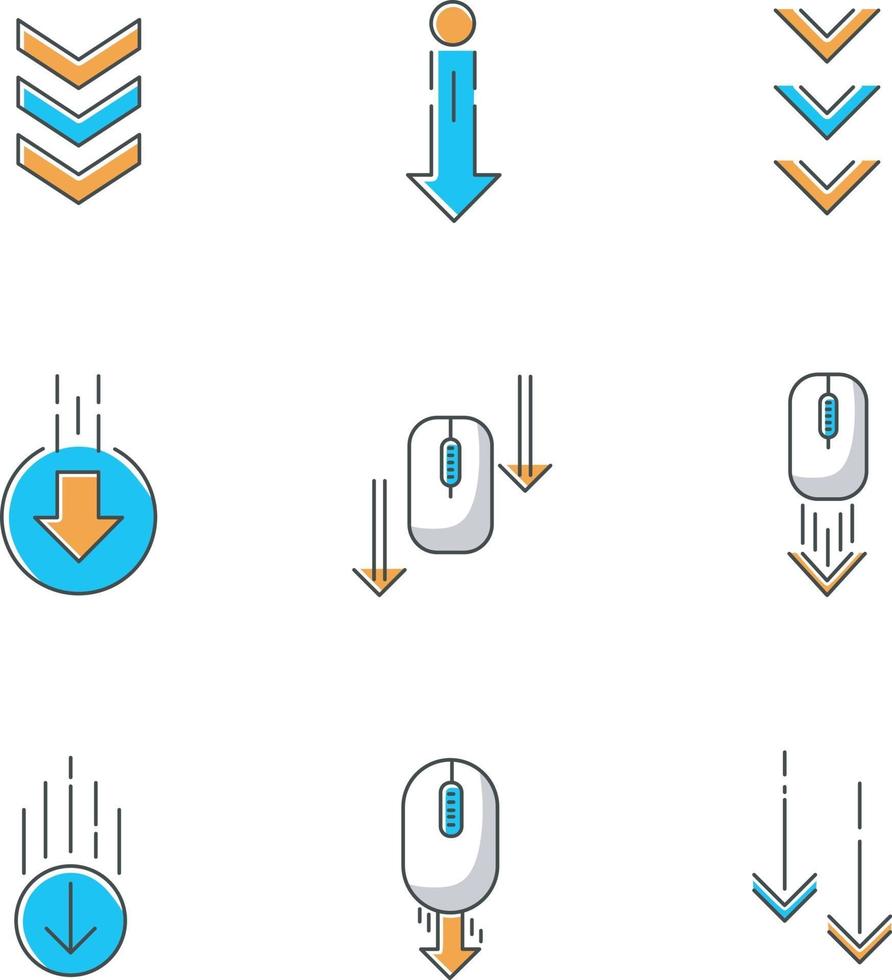 Scrolling down arrows RGB color icons set vector