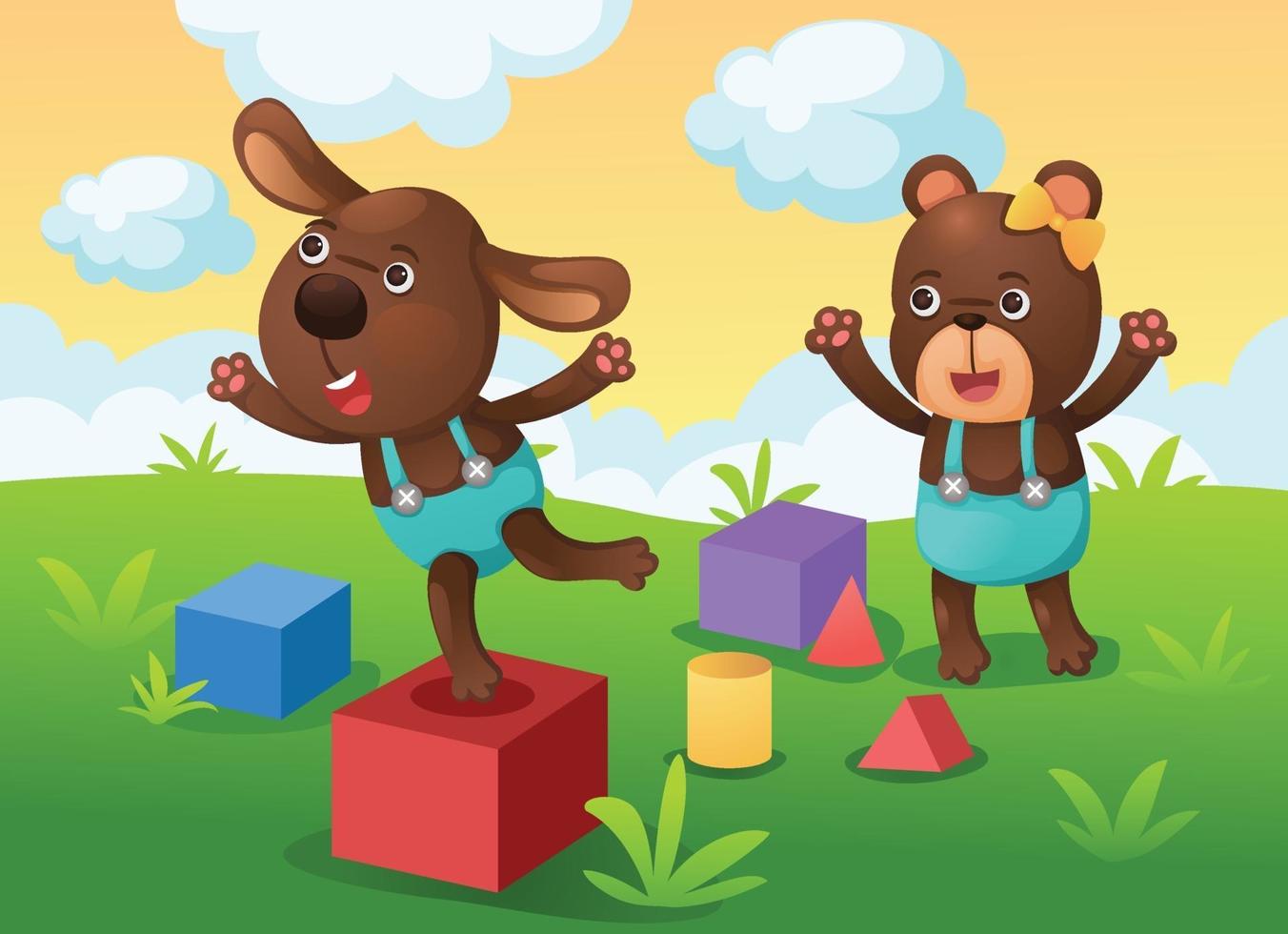 Illustration of isolated dog and bear play with toy vector