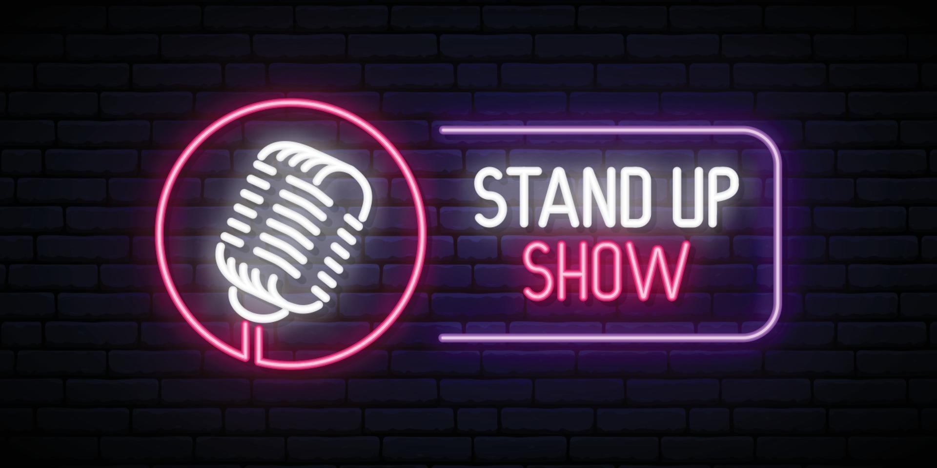 vector stand up show emblema en estilo neón.