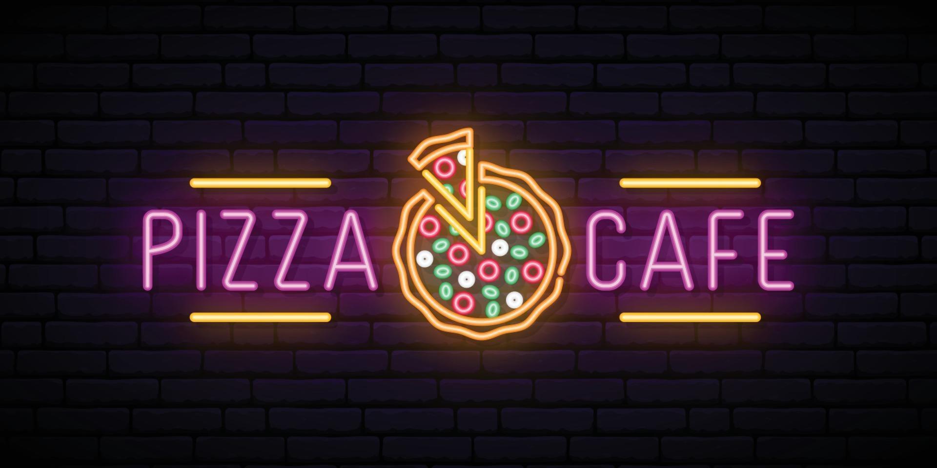 Neon pizza cafe emblem. vector