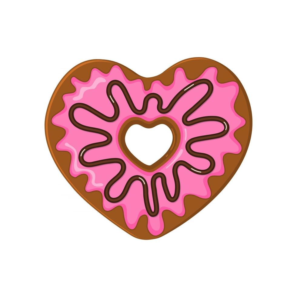 rosquilla en forma de corazón con glaseado rosa y cobertura de chocolate vector