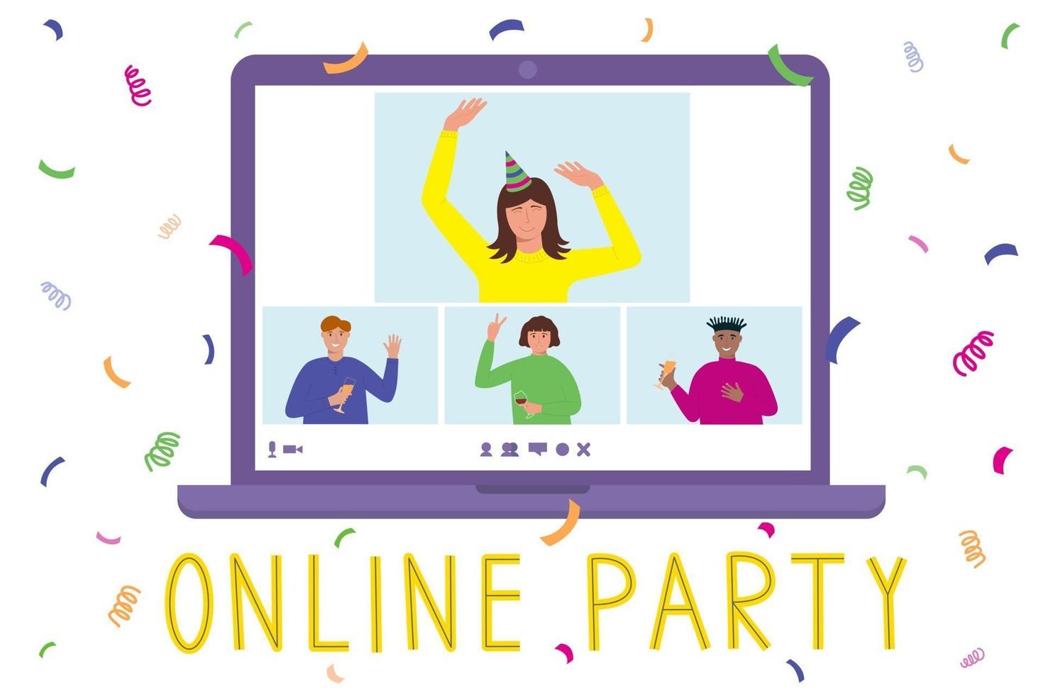 Online birthday home party concept with people on laptop screen vector