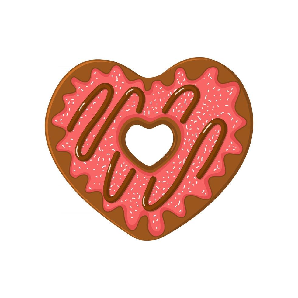 Heart shaped doughnut with strawberry glaze and chocolate topping vector