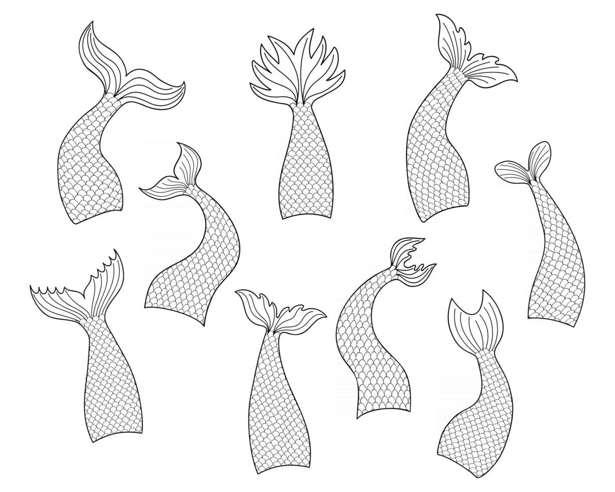 Set of hand drawn mermaid tails in doodle style vector