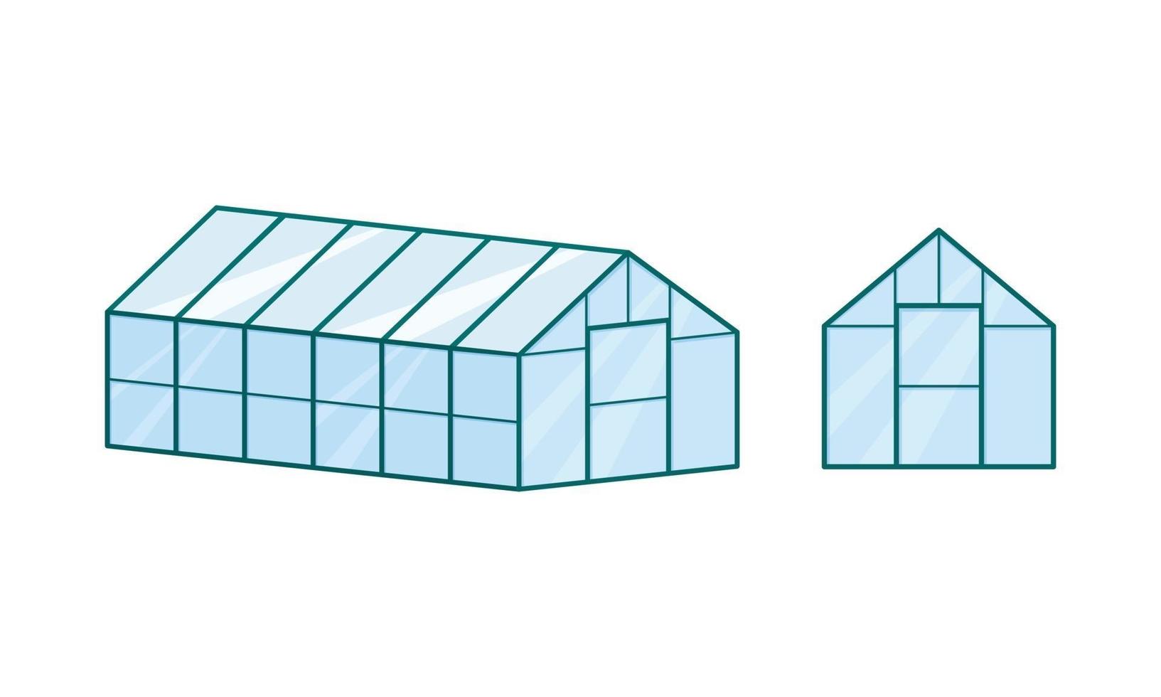 Glass greenhouse. Front view and isometric projection vector