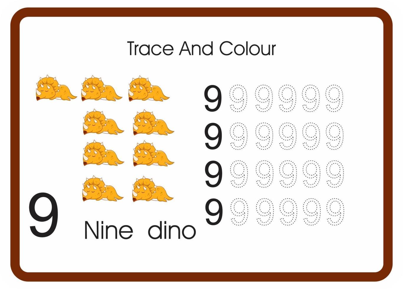 count trace and colour dino orange number 9 vector
