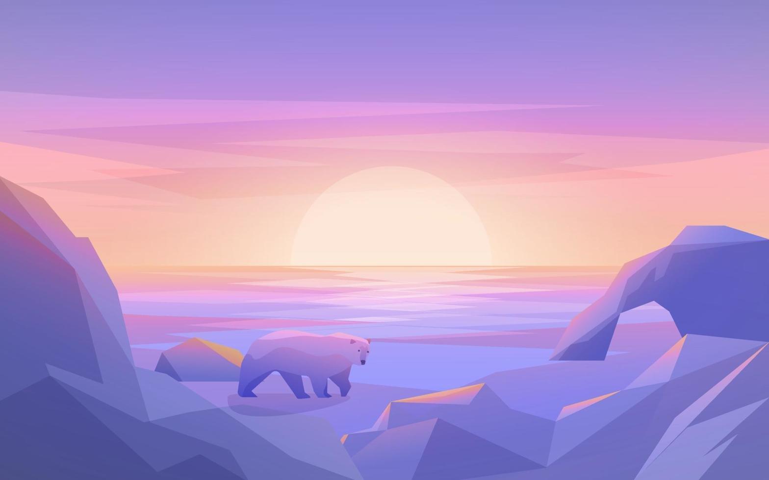 atardecer polar con iceberg y oso vector