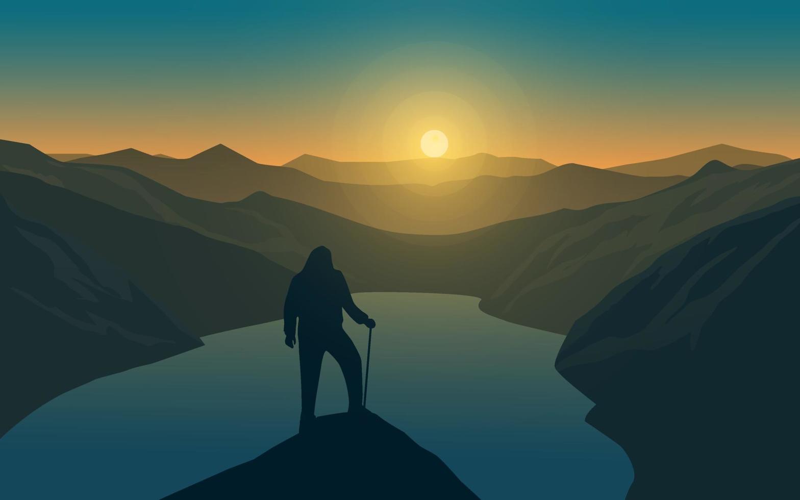 Silhouette Of Man On Hill Looking At Sunset vector