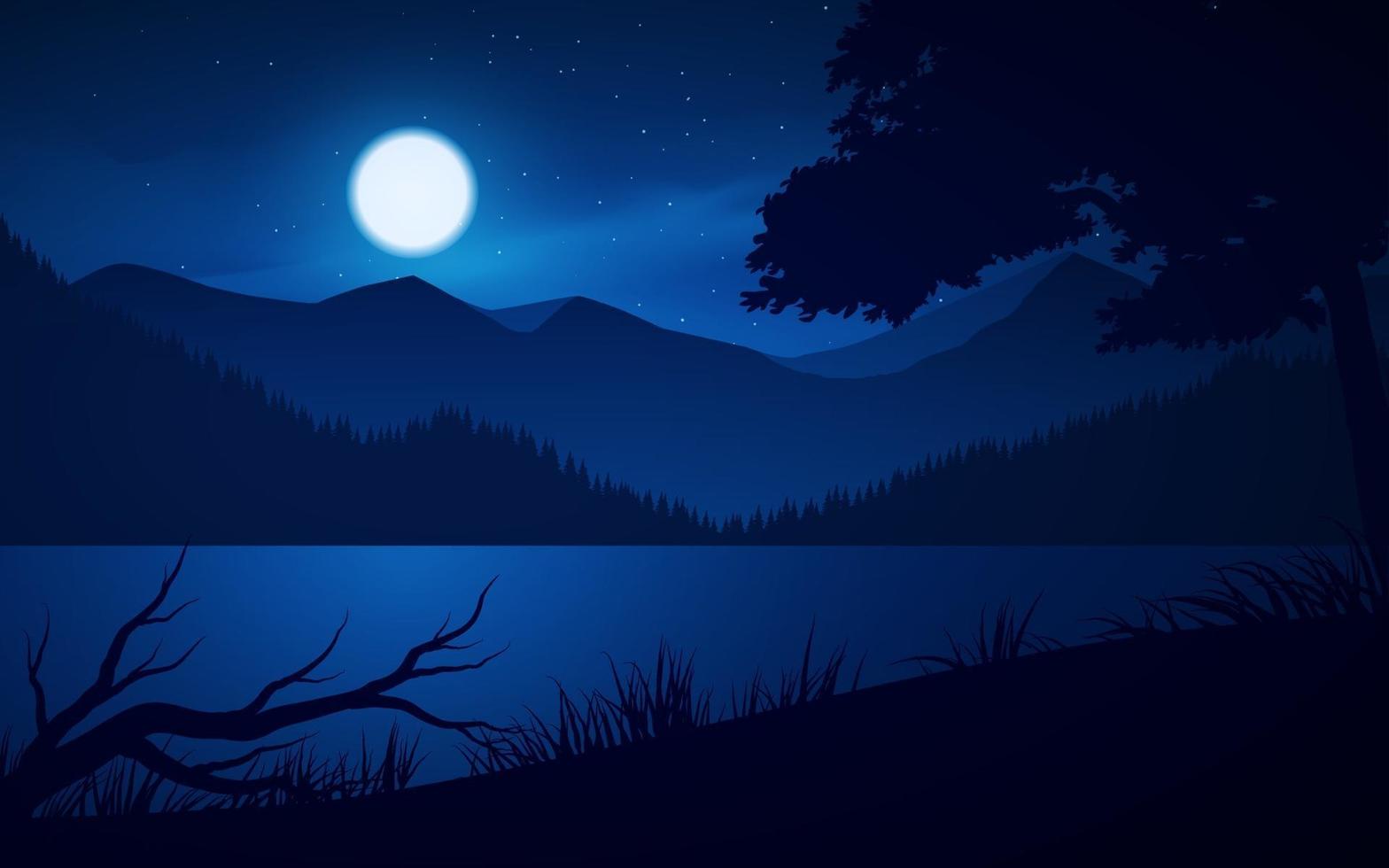 ilustración de montaña y lago con luz de luna vector