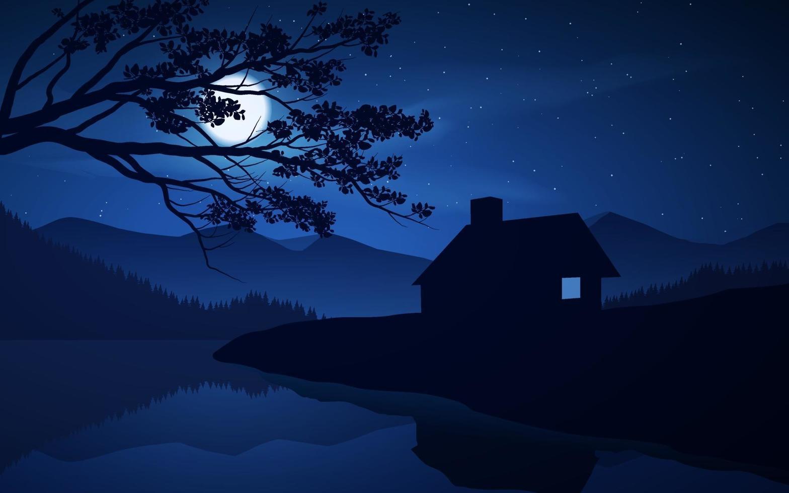 hermosa escena nocturna con casa y lago vector