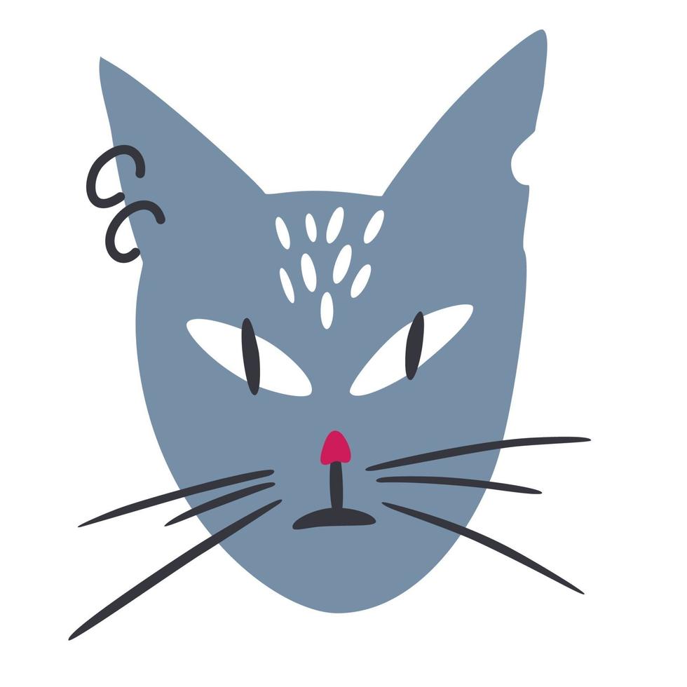 Cat muzzle. Funny cat with a piercing and a gnawed ear. vector