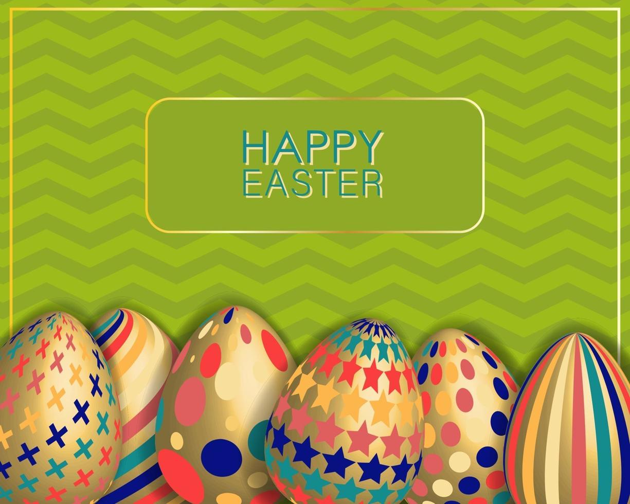 Easter card with decorated golden eggs. Green wavy background. vector