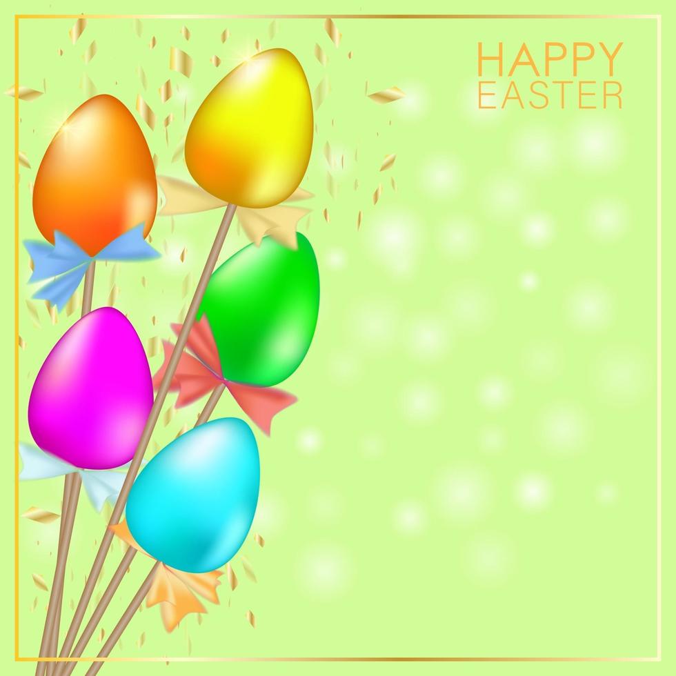 tarjeta de felicitación con huevos de pascua multicolores en palos. verde vector