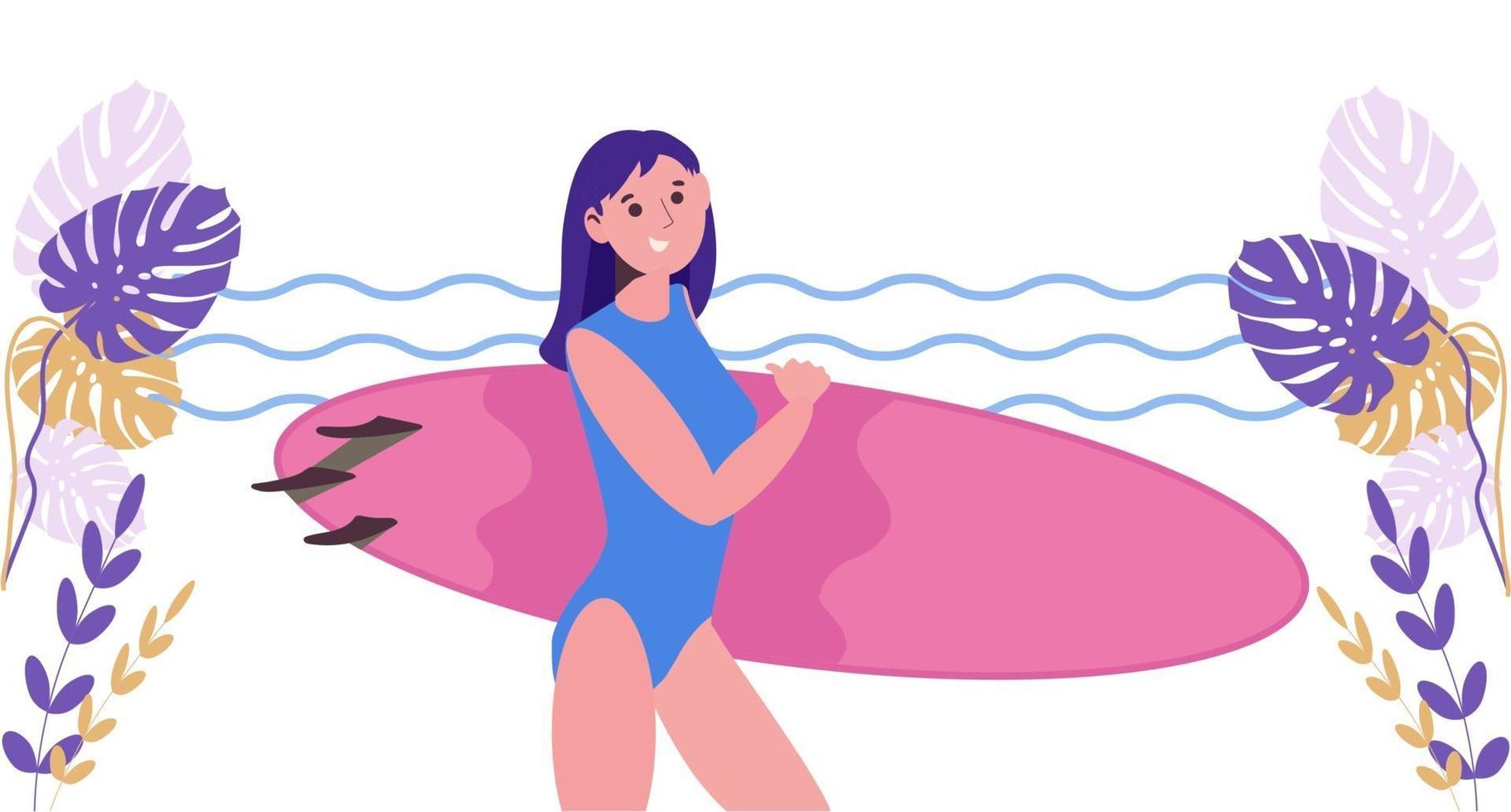 Girl surfer in a swimsuit. Woman with a surfboard. Summer theme. vector