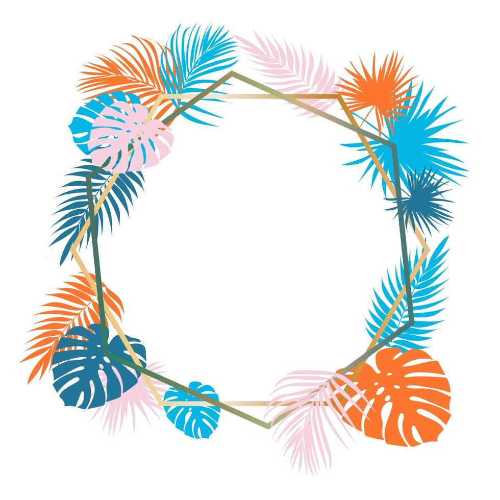 Frame with tropical leaves of plants and memphis style elements. Flat vector