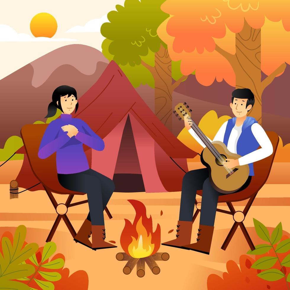 pareja relajante en otoño camping hill site vector