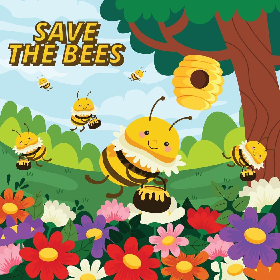 Protect Honey Bees with Bee Hives and Flower vector