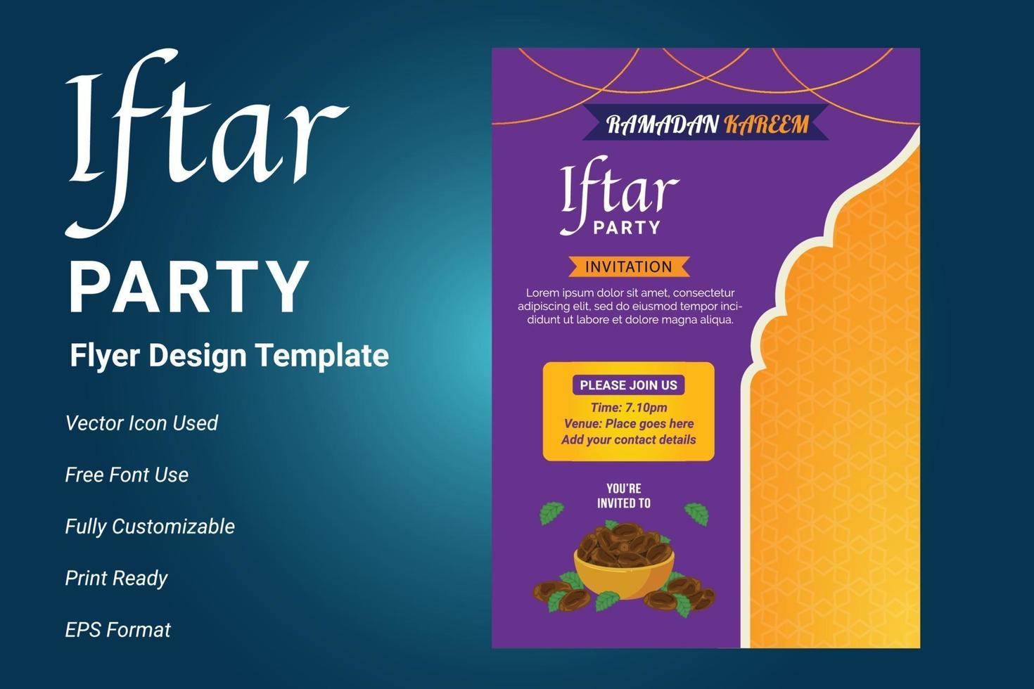 Diseño de flyer de invitación a fiesta ifter. Folleto de Ramadán para la fiesta de ifter. vector