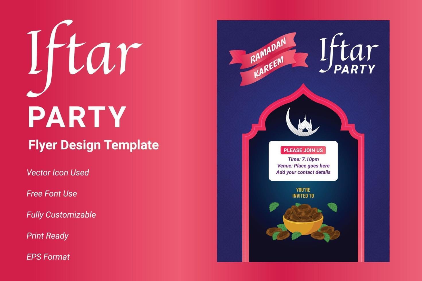 Diseño de flyer de invitación a fiesta ifter. Folleto de Ramadán para la fiesta de ifter. vector